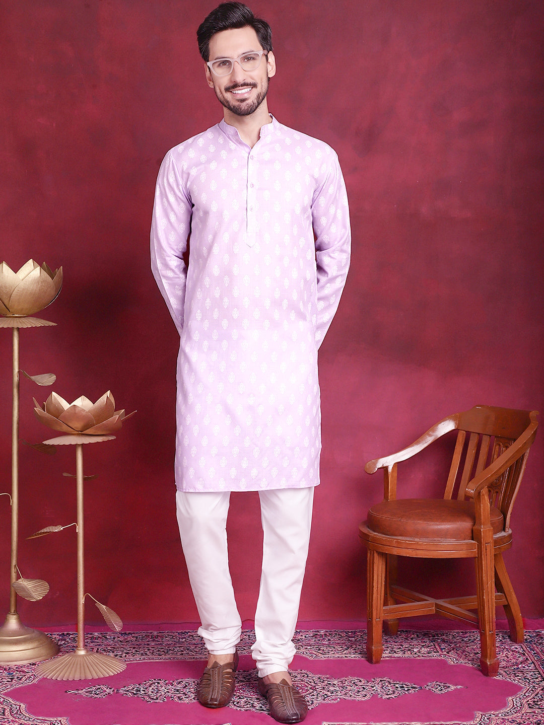 Men Purple And White Floral Printed Kurtas