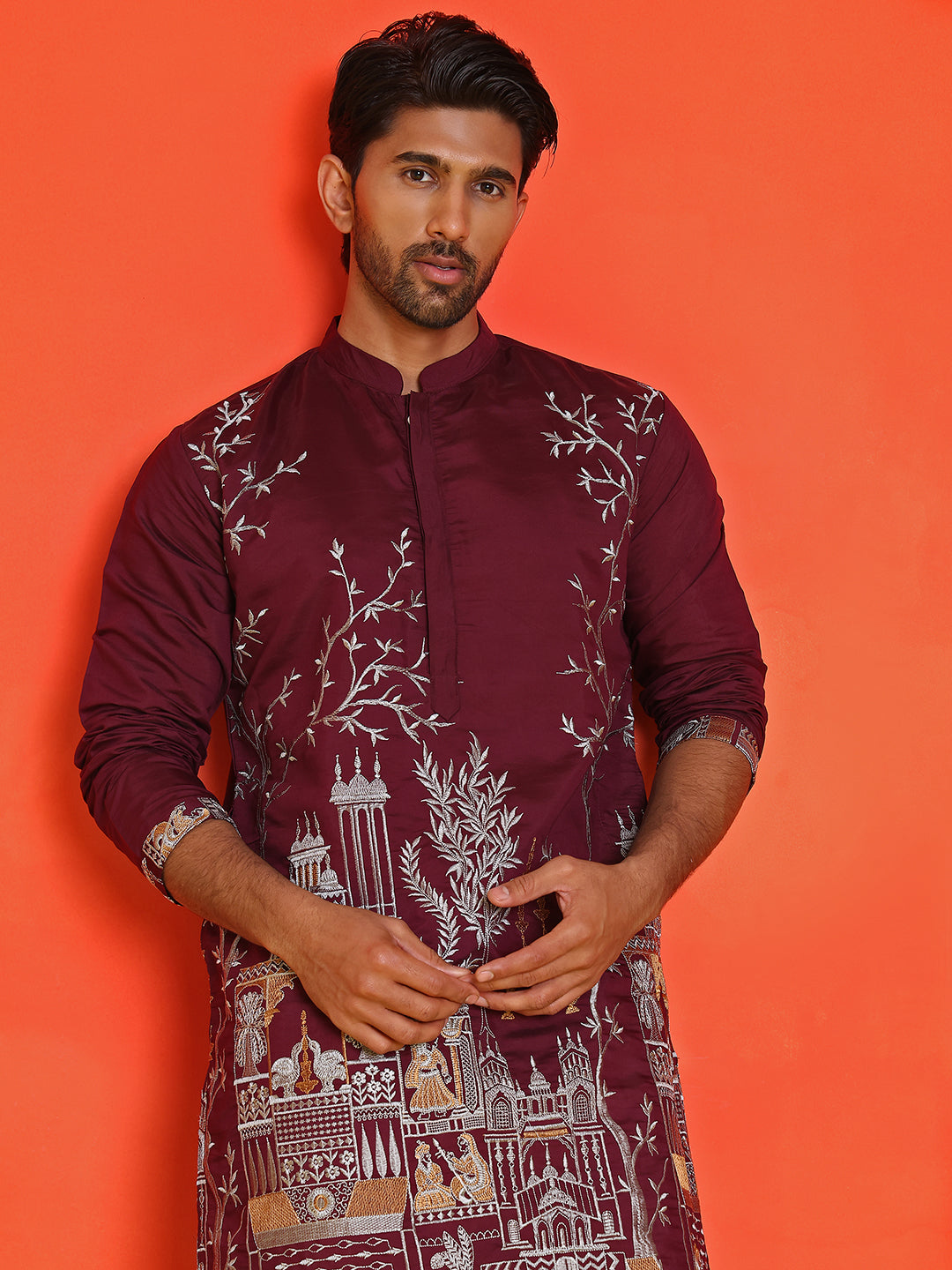 Purple Embroidered Straight Kurtas For Men