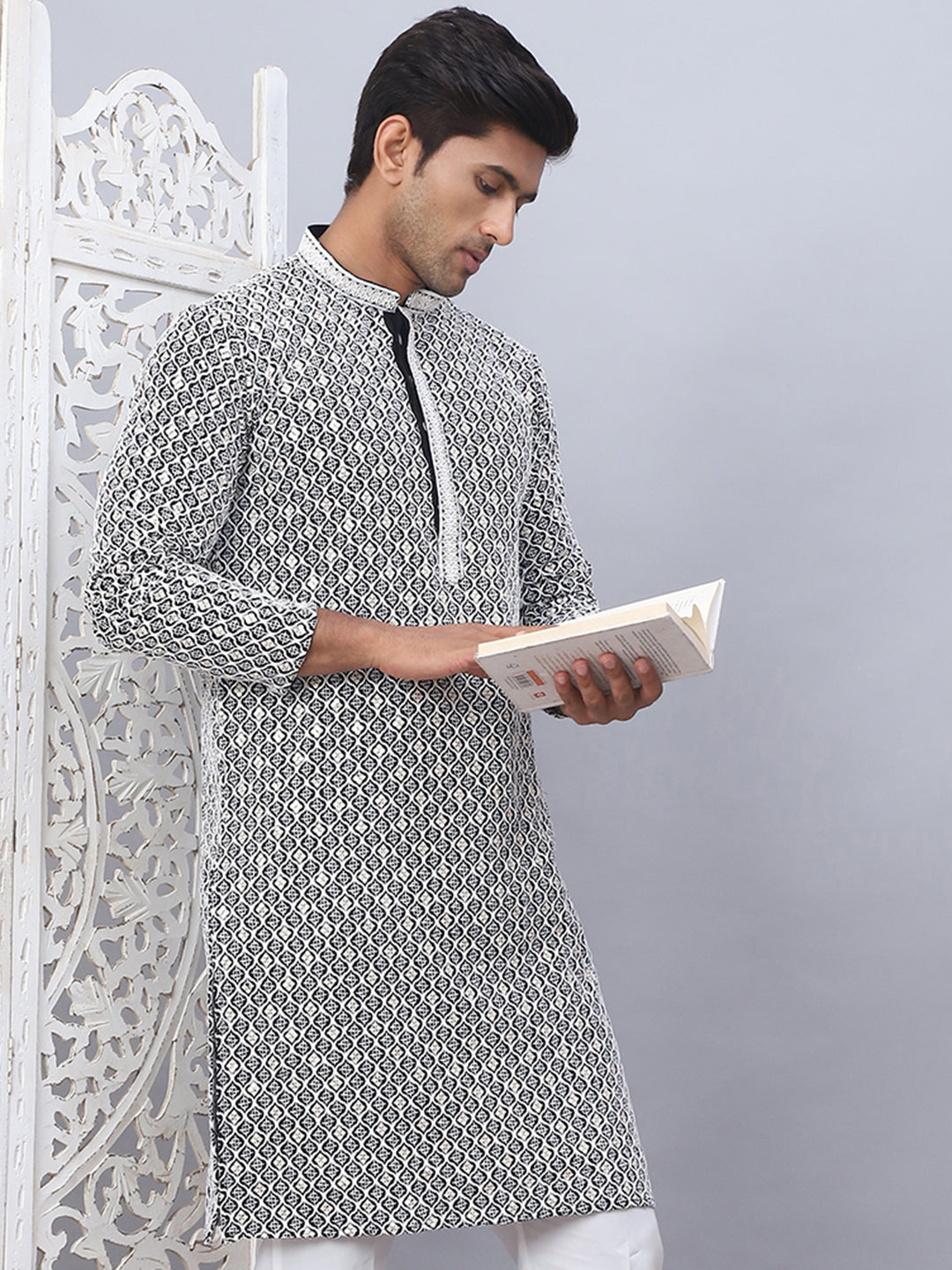 Men'S Black Chikankari Embroidered And Sequence Kurtas