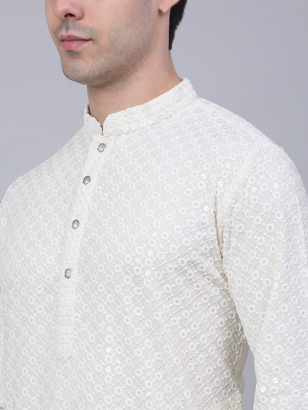 Men White Chikankari Embroidered And Sequence Kurtas.
