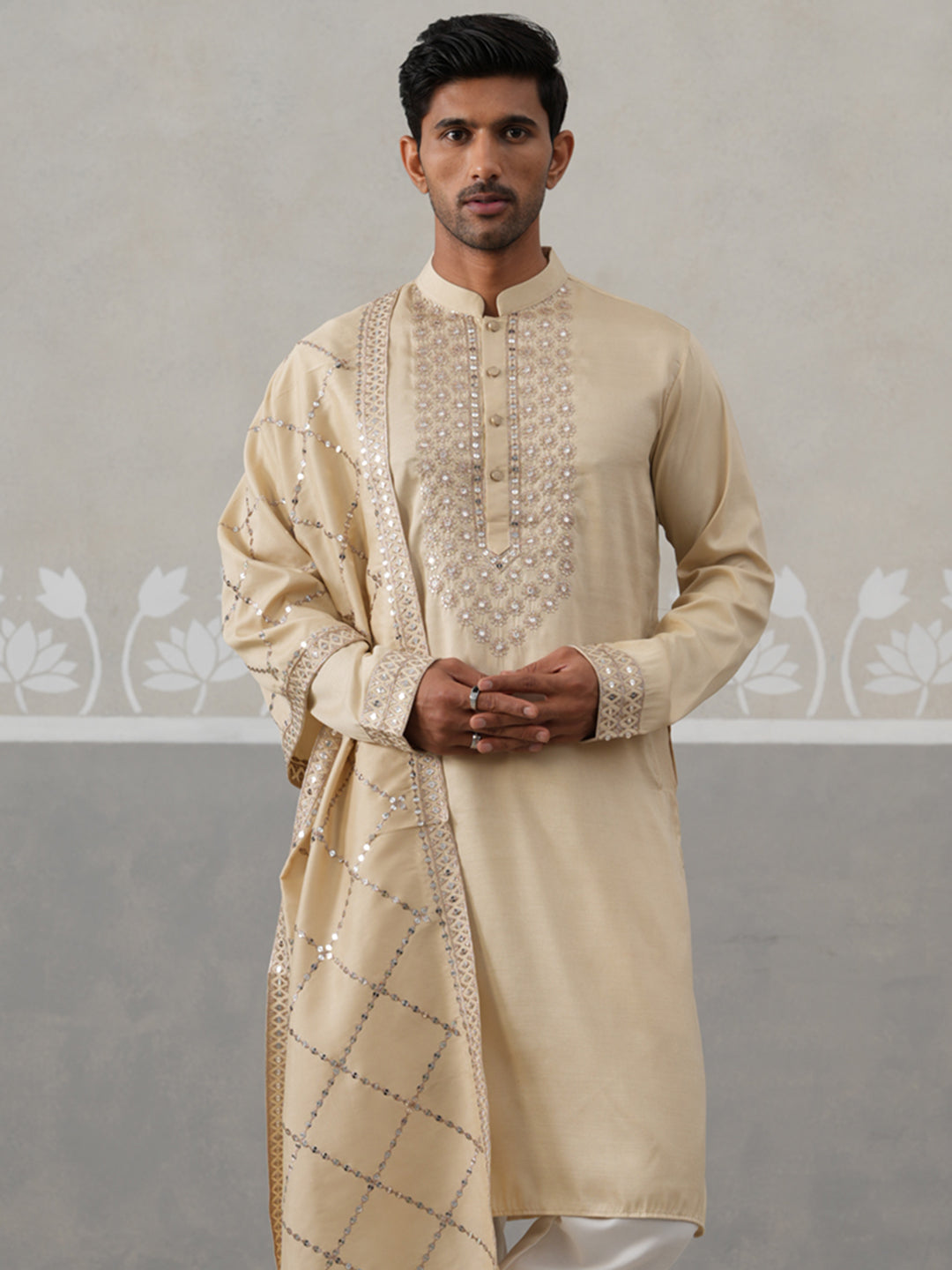 Silk Blend Sequins Embroidered Kurta With Dupatta