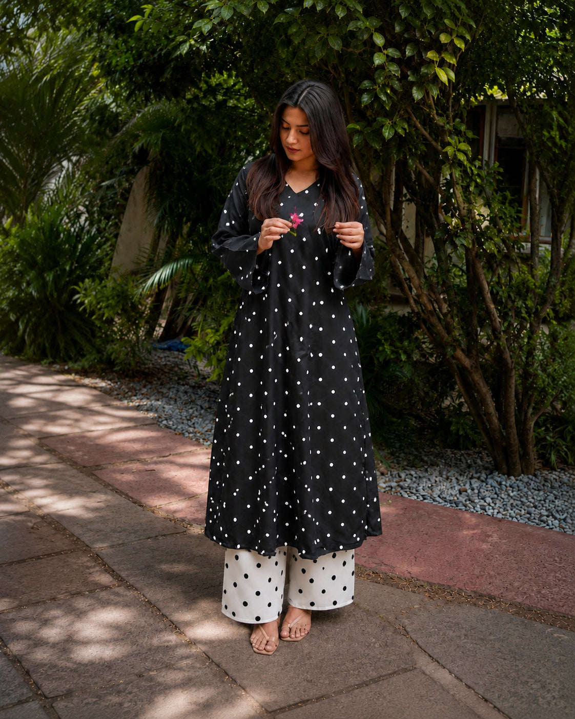 Polka Dots Printed Rayon A-Line Kurta With Palazzo