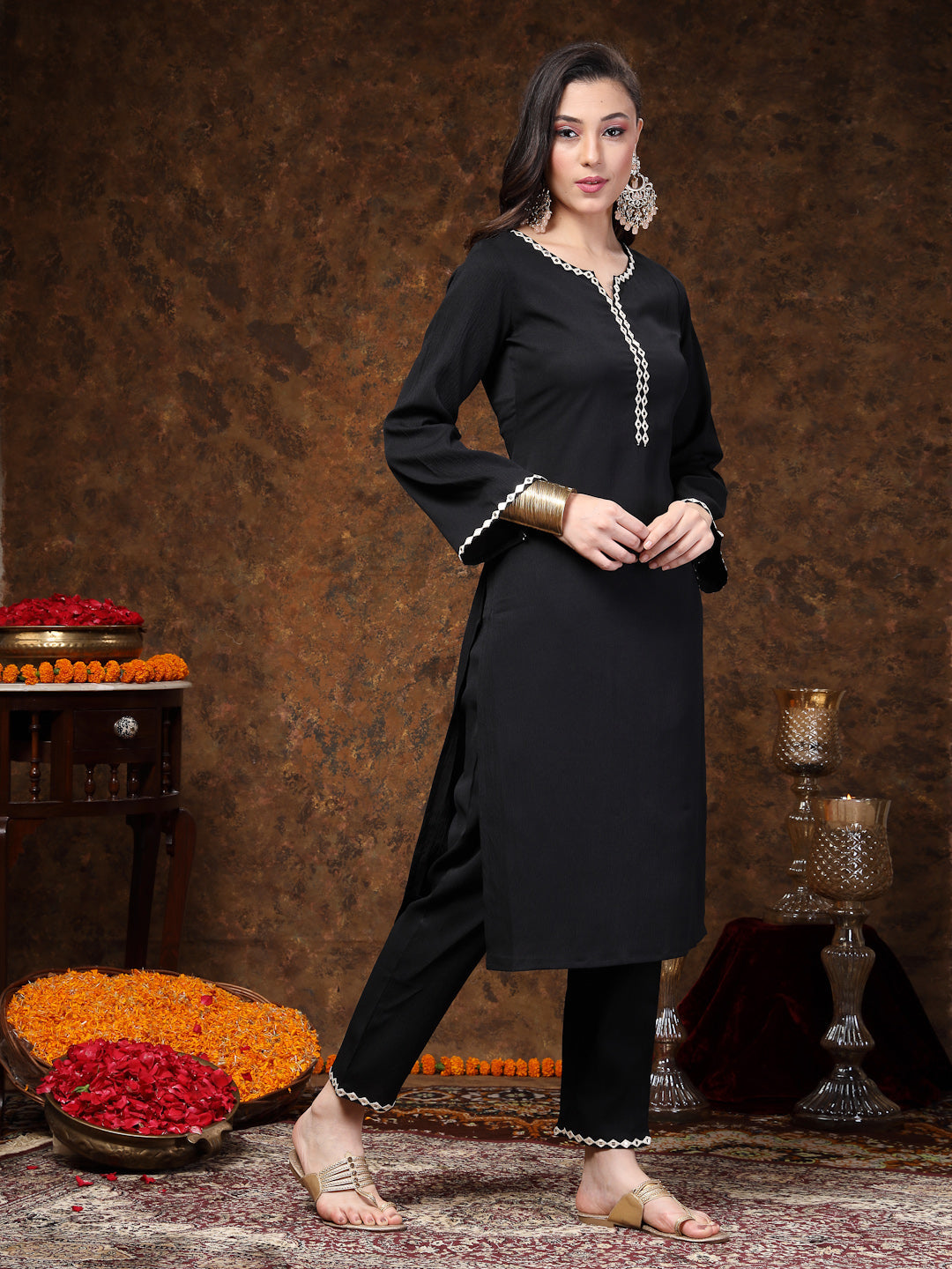 Black Solid & Embroidered Italian Crepe Straight Kurta Pant Set