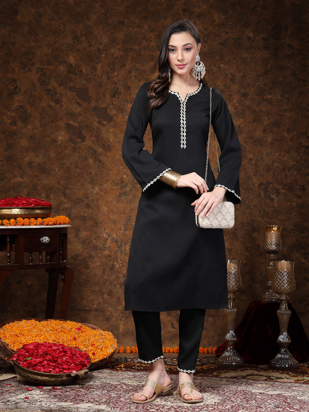 Black Solid & Embroidered Italian Crepe Straight Kurta Pant Set (Pre-Order)