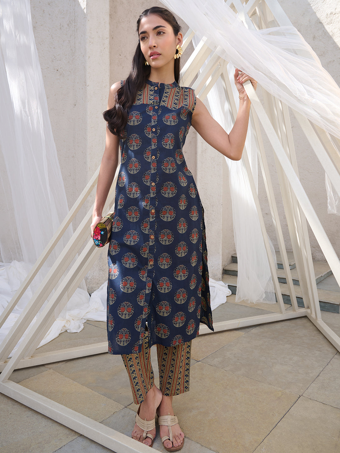 Blue Ajrakh Printed Cotton Straight Kurta Pant Set (Pre-Order)