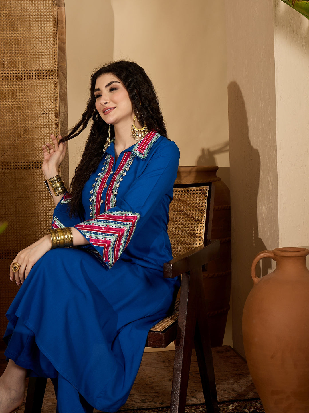 Women's Blue Solid & Embroidered Rayon A-Line Kurta Pant Set