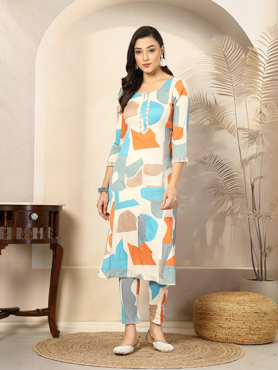 Multi Abstract Printed Poly Crepe Straight Kurta Pant Set