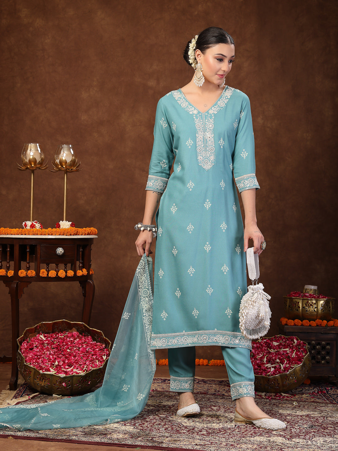 Aqua Ethnic Motif Printed & Embroidered Rayon Straight Kurta Pant Dupatta Set (Pre-Order)