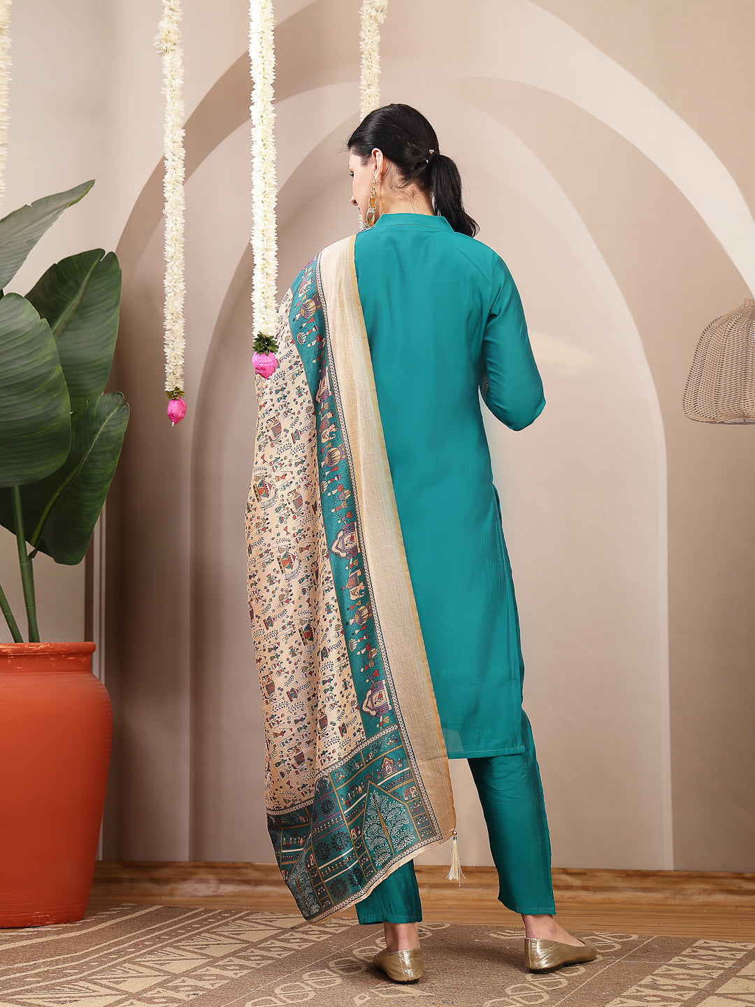 Solid & Embroidered Santoon Straight Kurta Pant Dupatta Set