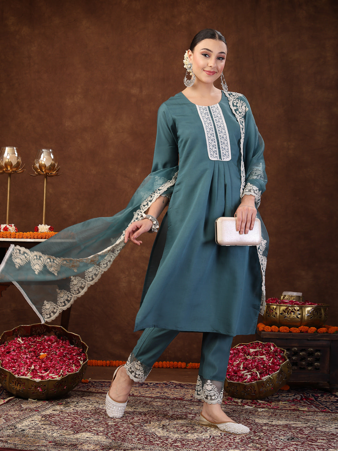 Aqua Embroidered Silk Blend Straight Kurta Pant Dupatta Set (Pre-Order)