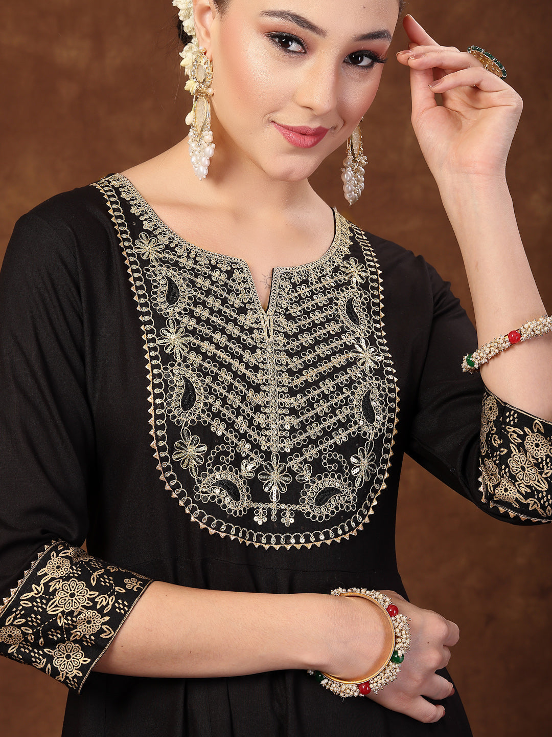 Black Solid & Embroidered Rayon Anarkali Kurta Pant Dupatta Set