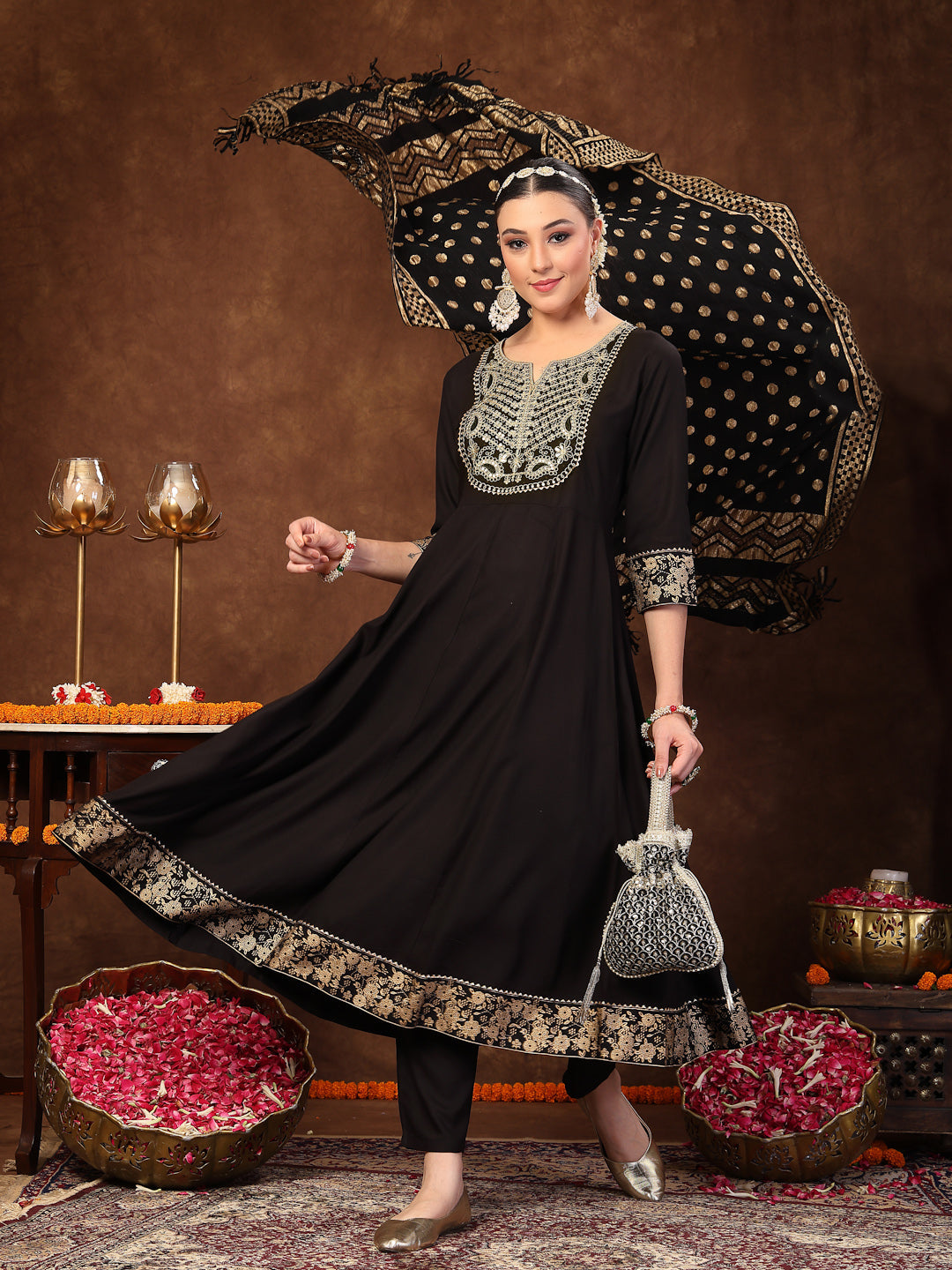 Black Solid & Embroidered Rayon Anarkali Kurta Pant Dupatta Set (Pre-Order)