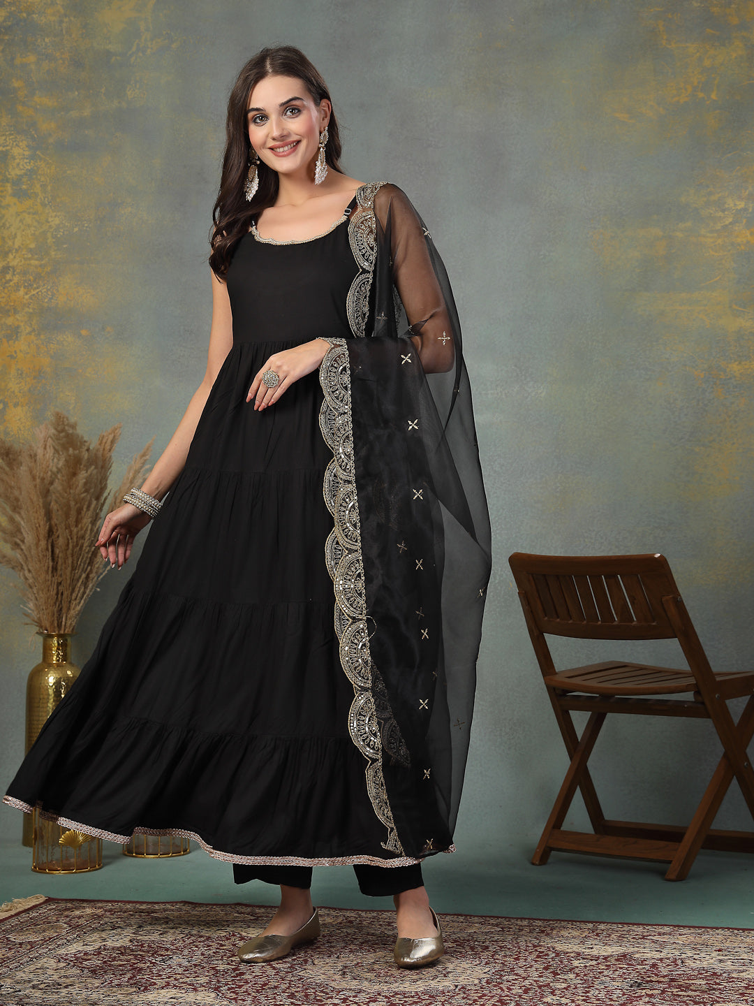 Black Solid Rayon Tiered Kurta Pant Dupatta Set
