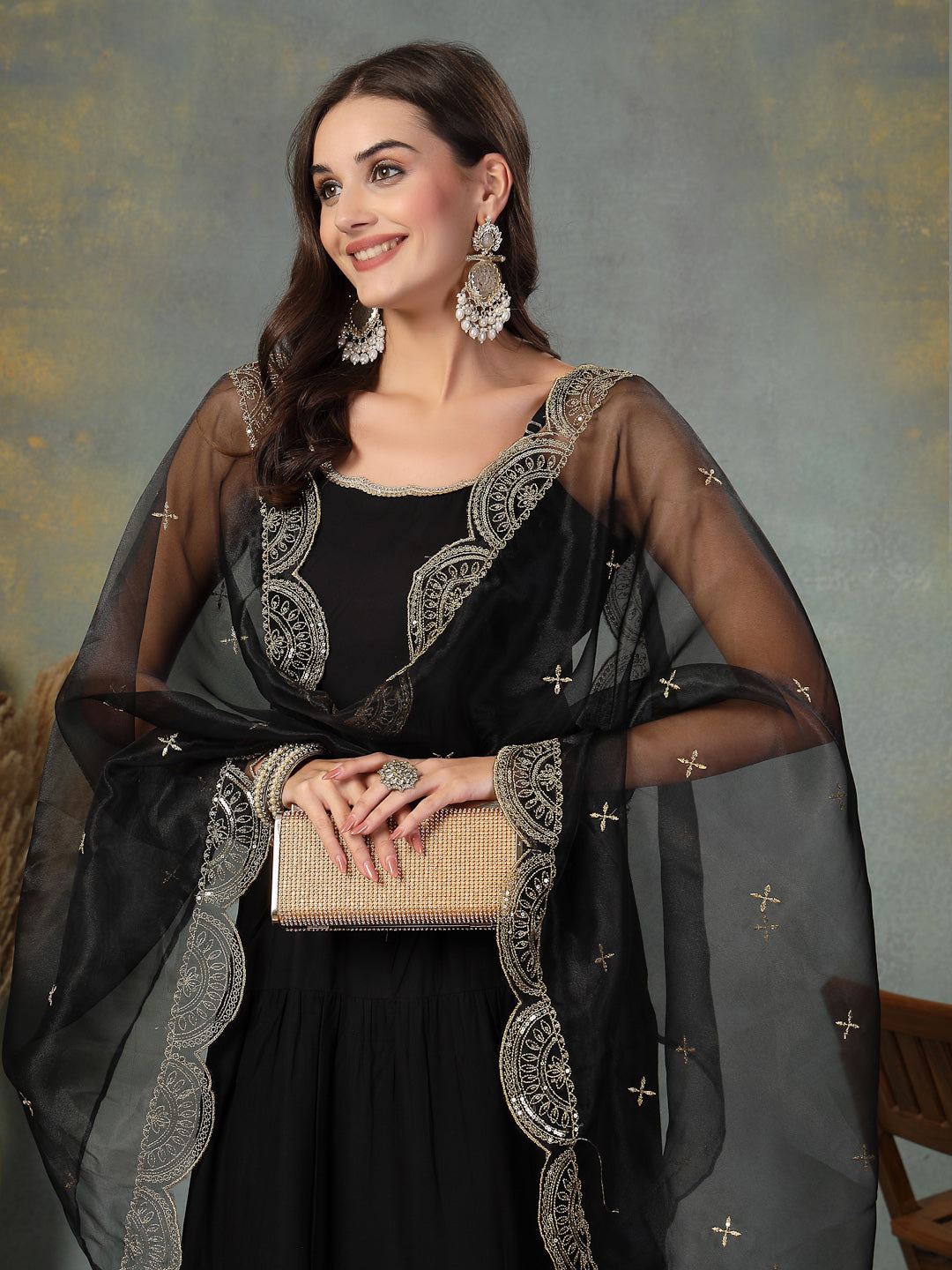 Black Solid Rayon Tiered Kurta Pant Dupatta Set