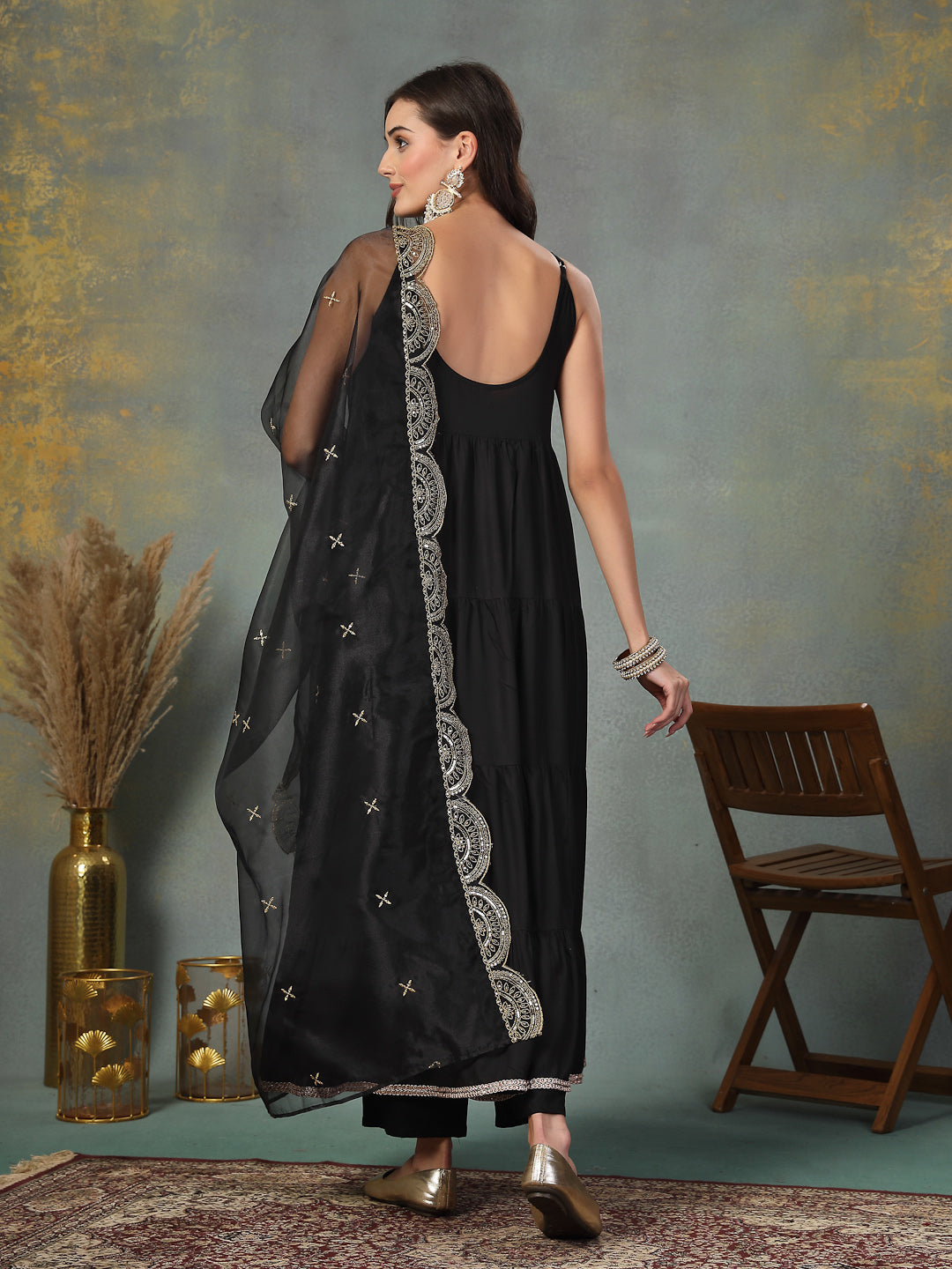 Black Solid Rayon Tiered Kurta Pant Dupatta Set