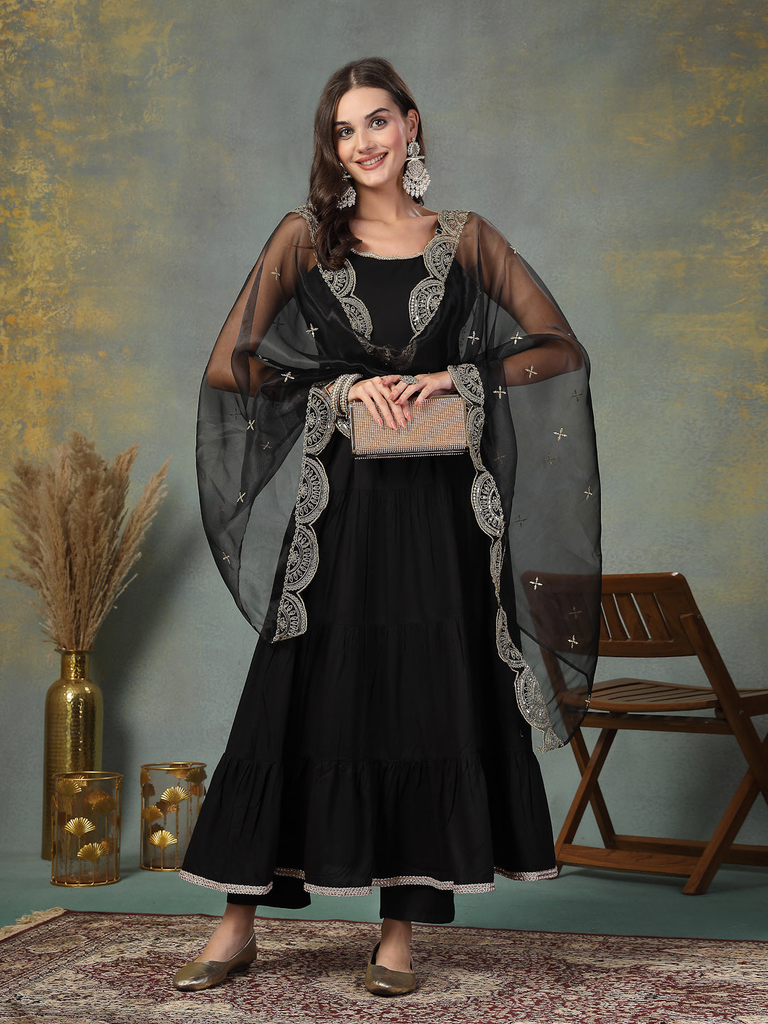 Black Solid Rayon Tiered Kurta Pant Dupatta Set