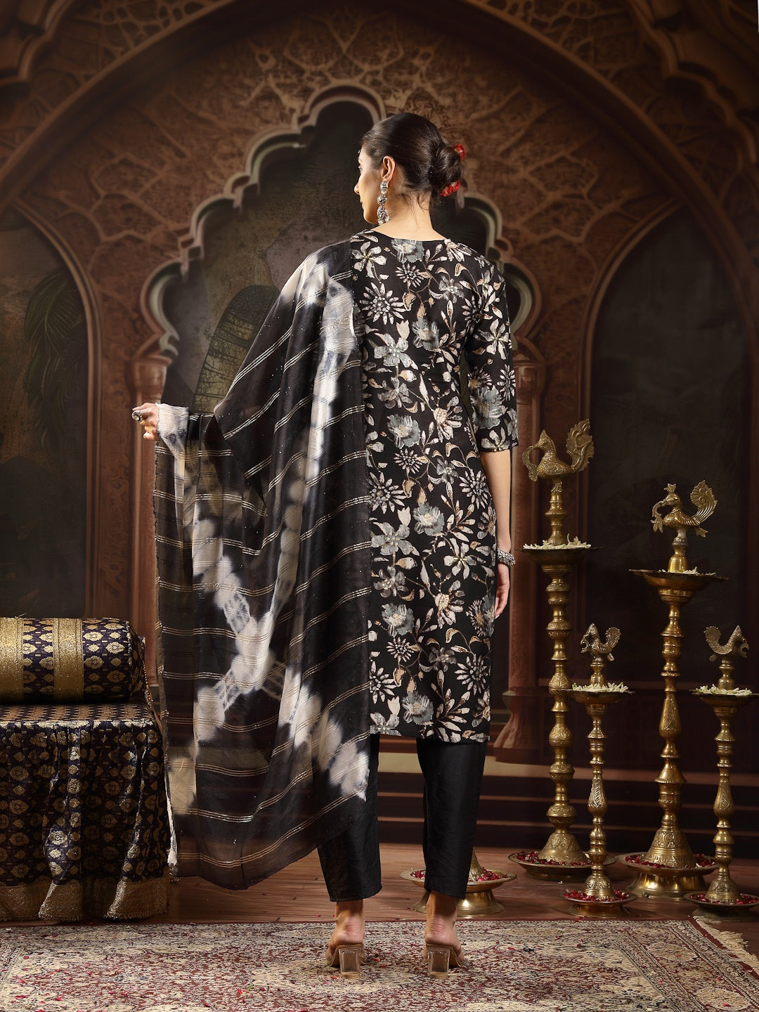 Black Floral Printed Straight Kurta Pant Dupatta Set