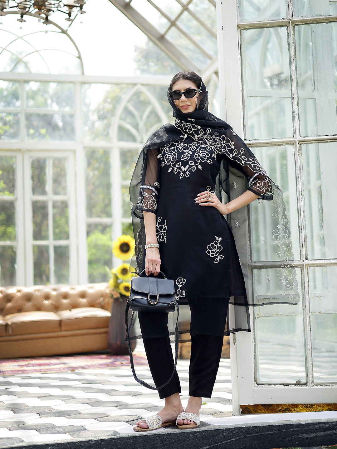 Black Solid & Embroidered Cotton Straight Kurta Pant Dupatta Set (Pre-Order)