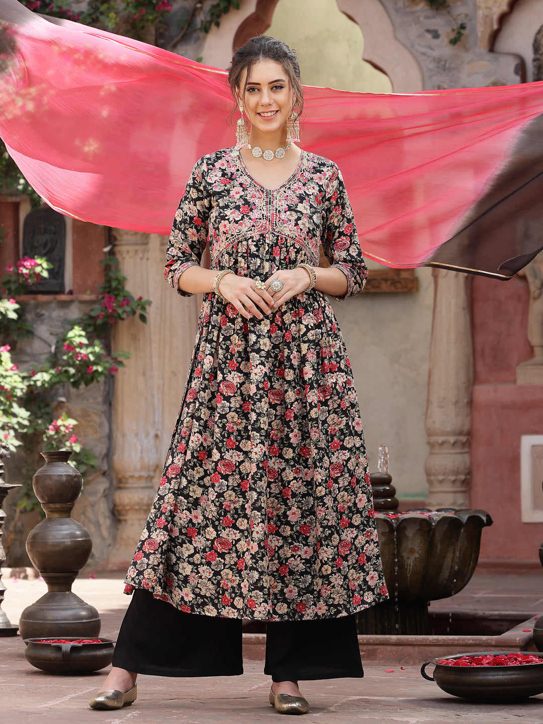 Black Floral Printed & Embroidered Rayon Flared Kurta Palazzo Dupatta Set