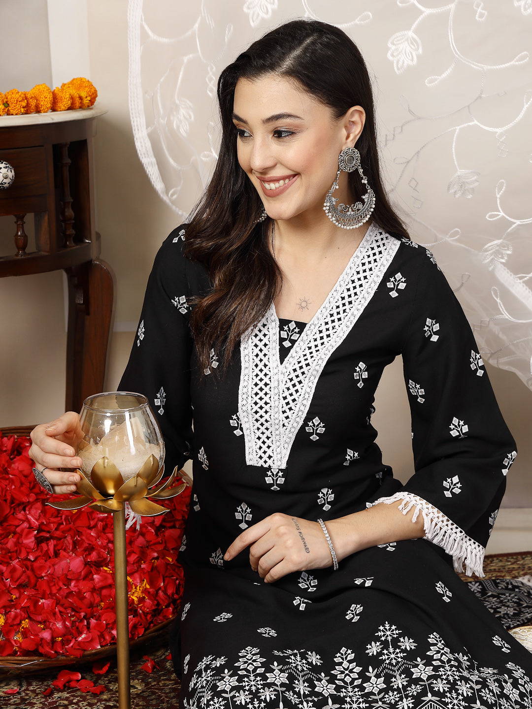 Black Ethnic Printed Rayon A-Line Kurta Palazzo Dupatta Set