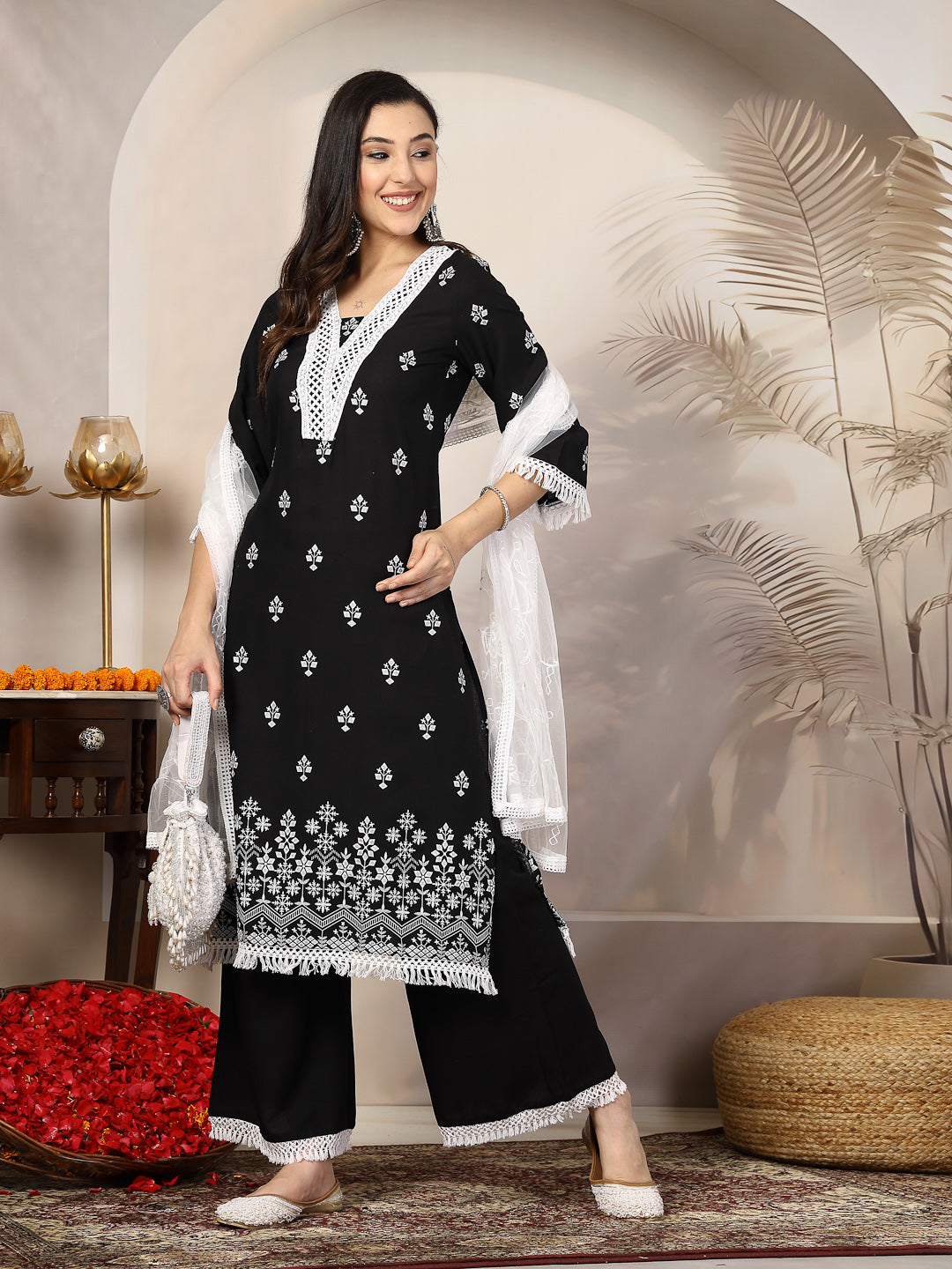 Black Ethnic Printed Rayon A-Line Kurta Palazzo Dupatta Set (Pre-Order)