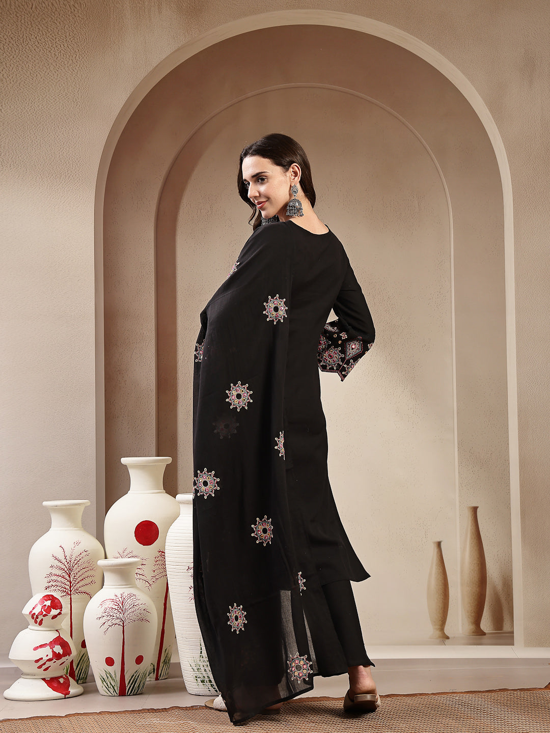 Black Solid & Embroidered Cotton Flax Straight Kurta Pant Dupatta Set (Pre-Order)