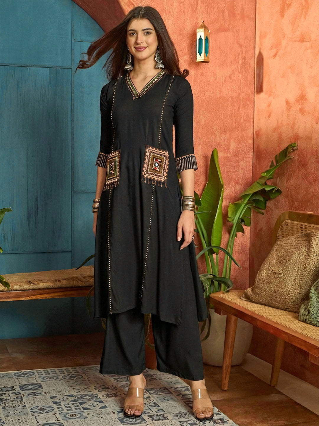 Solid Rayon A-Line Kurta Pant Dupatta Set