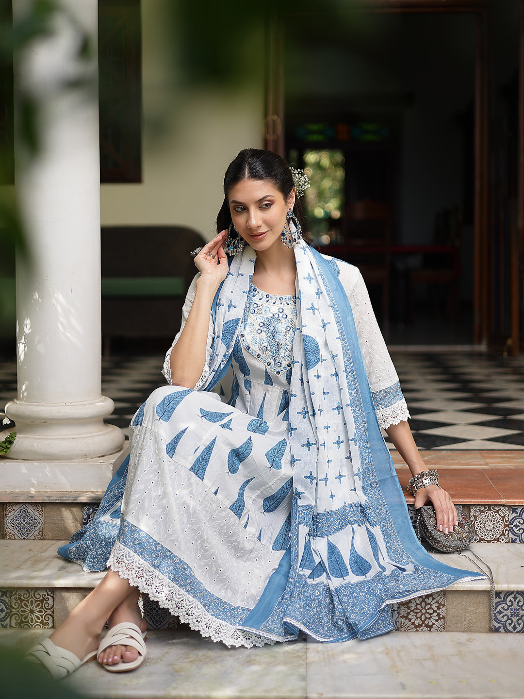 Blue Ethnic Printed & Embroidered Cotton Anarkali Kurta Pant Dupatta Set (Pre-Order)