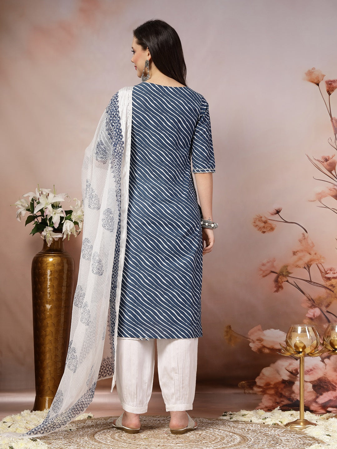 Blue Lehriya Printed & Embroidered Cotton Straight Kurta Pant Dupatta Set