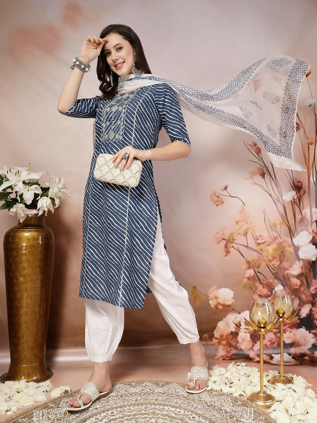 Blue Lehriya Printed & Embroidered Cotton Straight Kurta Pant Dupatta Set
