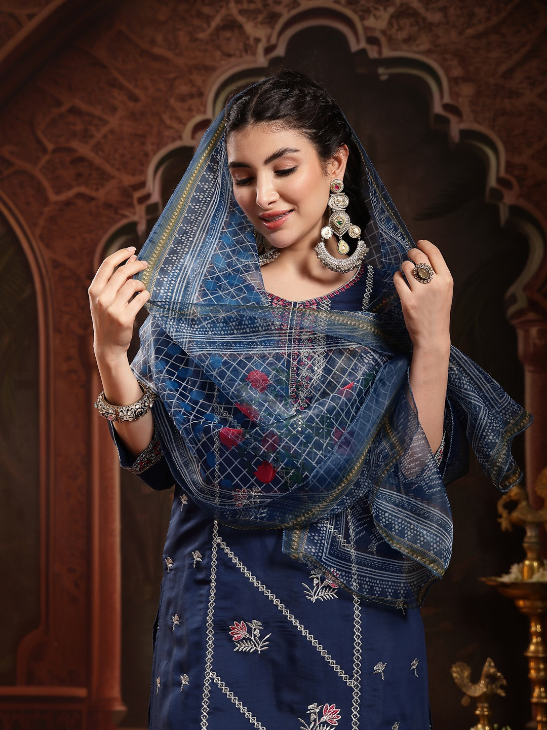 Blue Solid & Embroidered Silk Straight Kurta Pant Dupatta Set (Pre-Order)