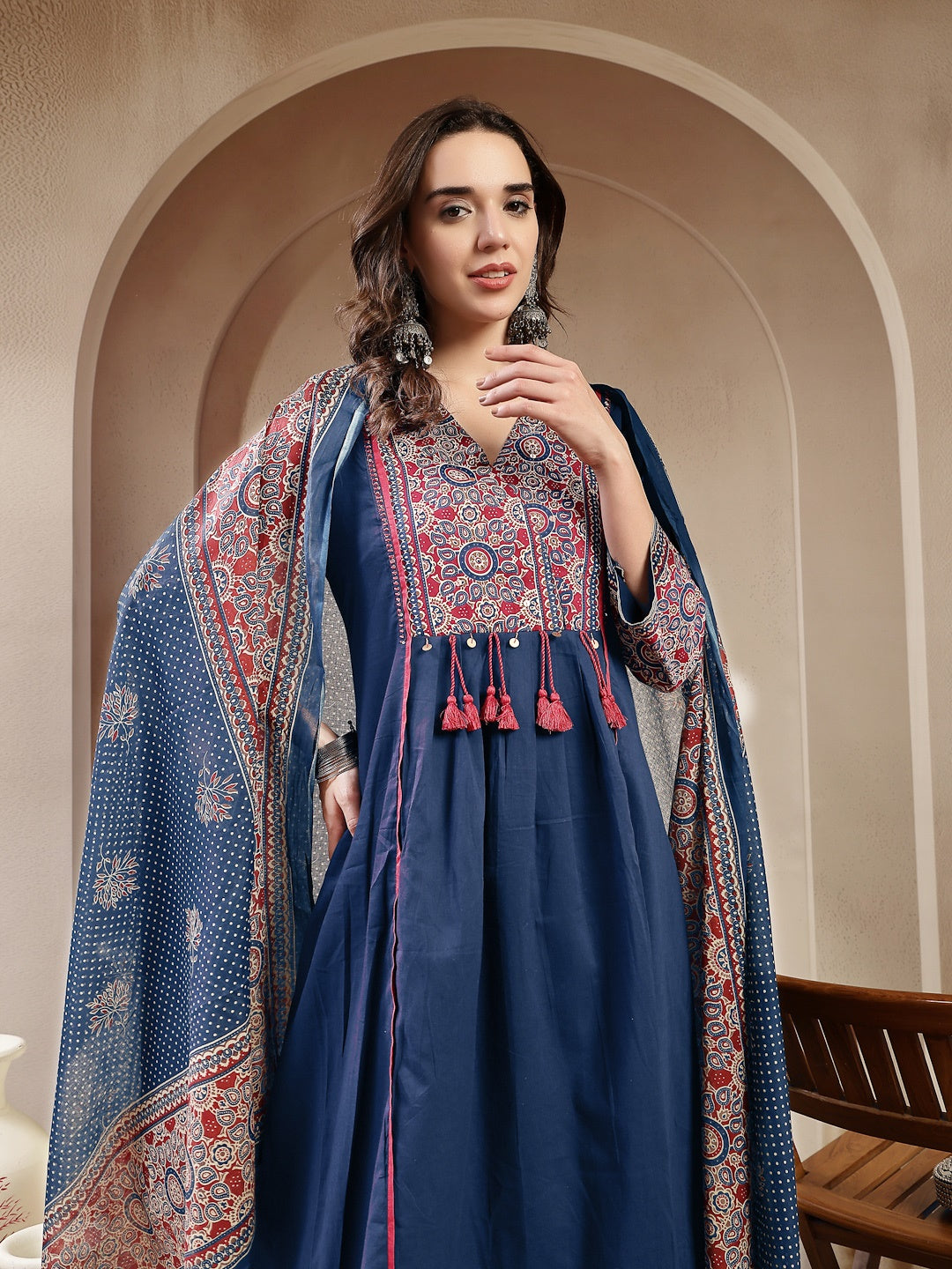 Blue Ajrakh Printed Cotton A-Line Kurta Pant Dupatta Set
