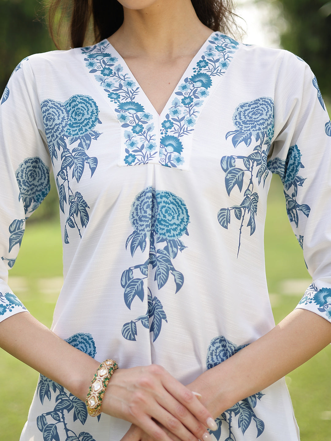 Blue Floral Printed Cotton Slub Straight Kurta Pant Dupatta Set