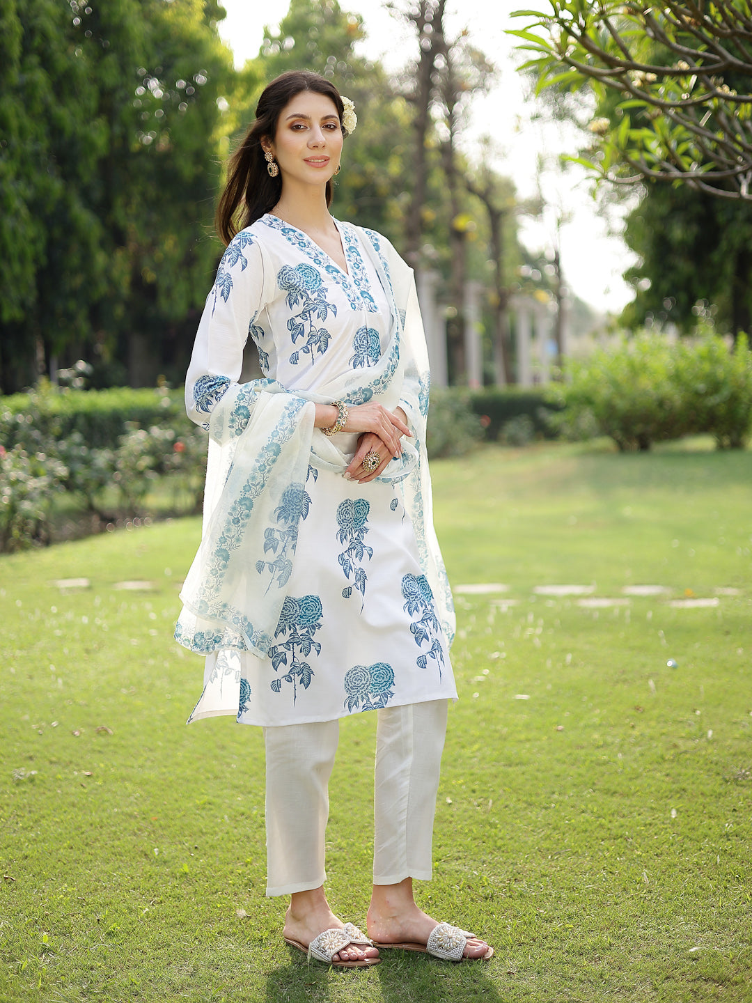 Blue Floral Printed Cotton Slub Straight Kurta Pant Dupatta Set