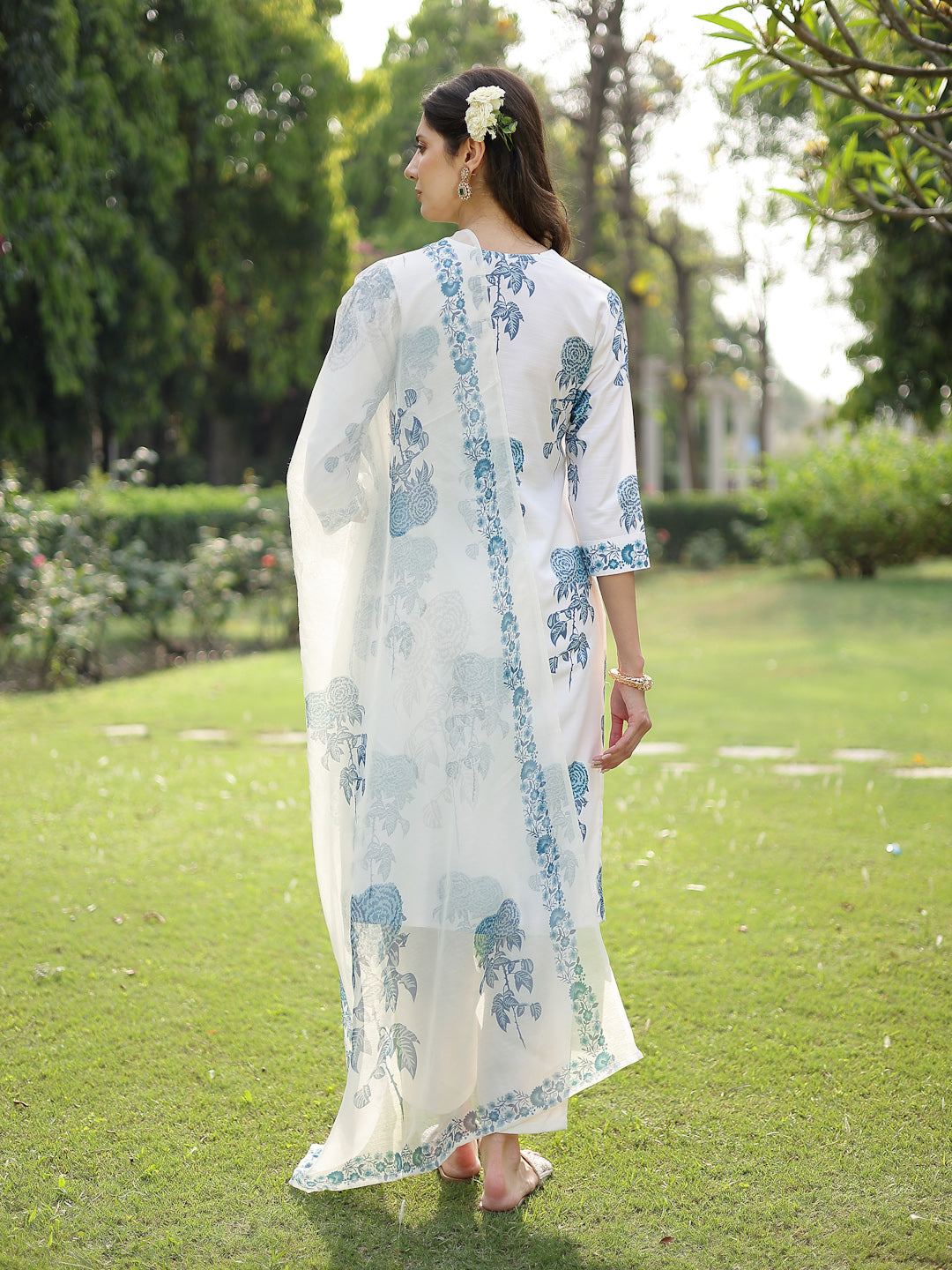 Blue Floral Printed Cotton Slub Straight Kurta Pant Dupatta Set