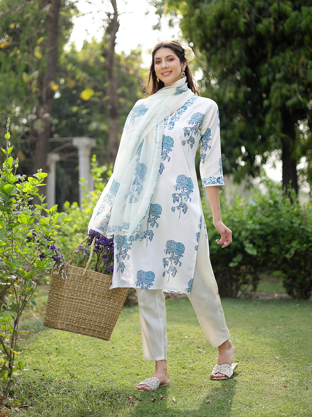 Blue Floral Printed Cotton Slub Straight Kurta Pant Dupatta Set
