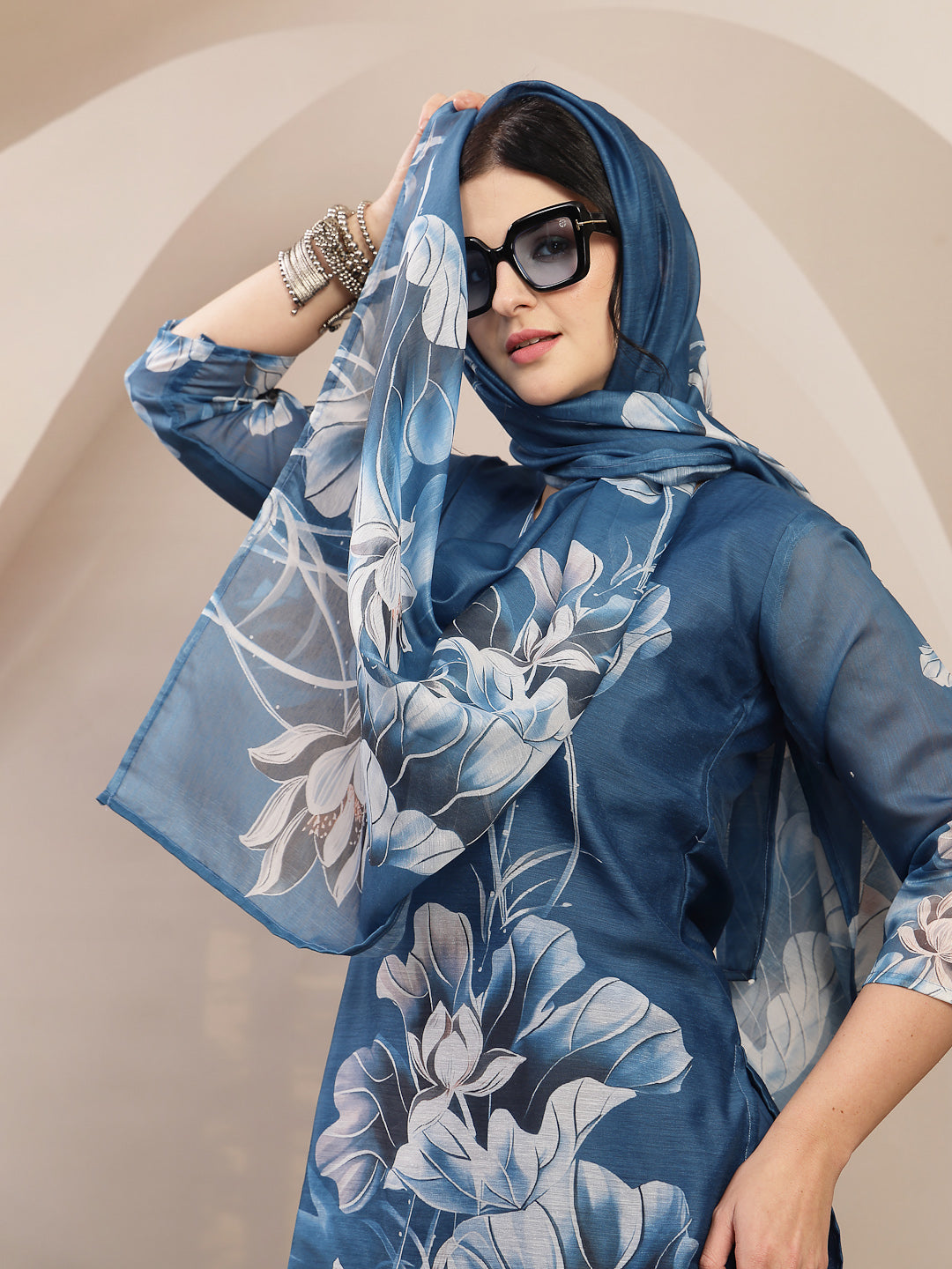 Floral Printed Chanderi Silk Straight Kurta Pant Dupatta Set