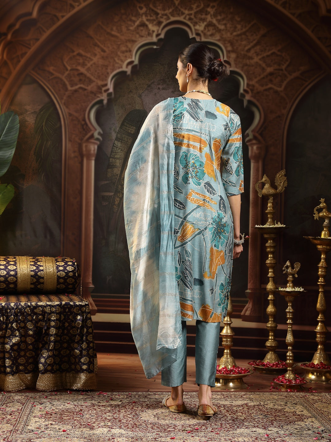 Blue Floral Printed Silk Blend Straight Kurta Pant Dupatta Set