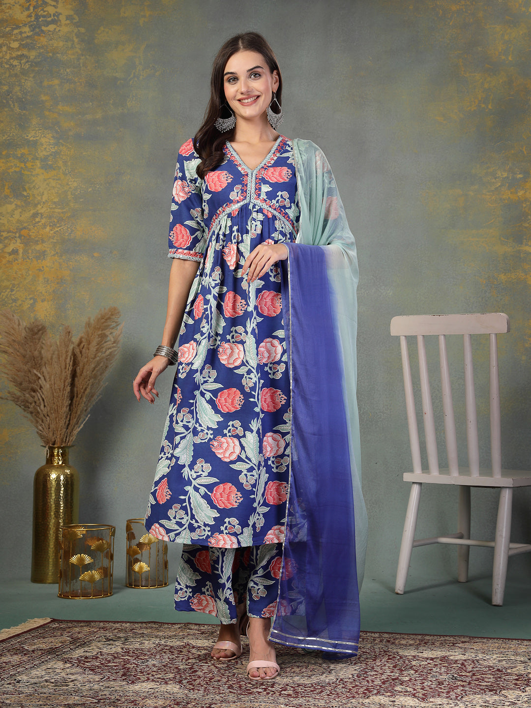 Blue Floral Printed & Embroidered Rayon Alia Cut Kurta Pant Dupatta Set