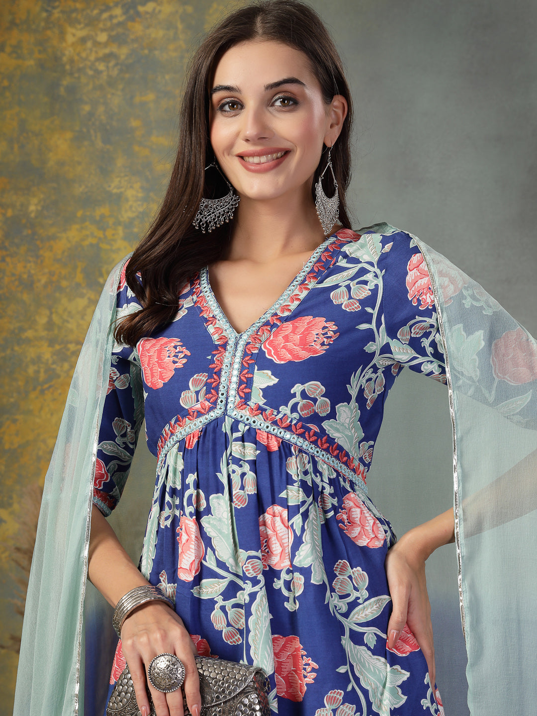 Blue Floral Printed & Embroidered Rayon Alia Cut Kurta Pant Dupatta Set
