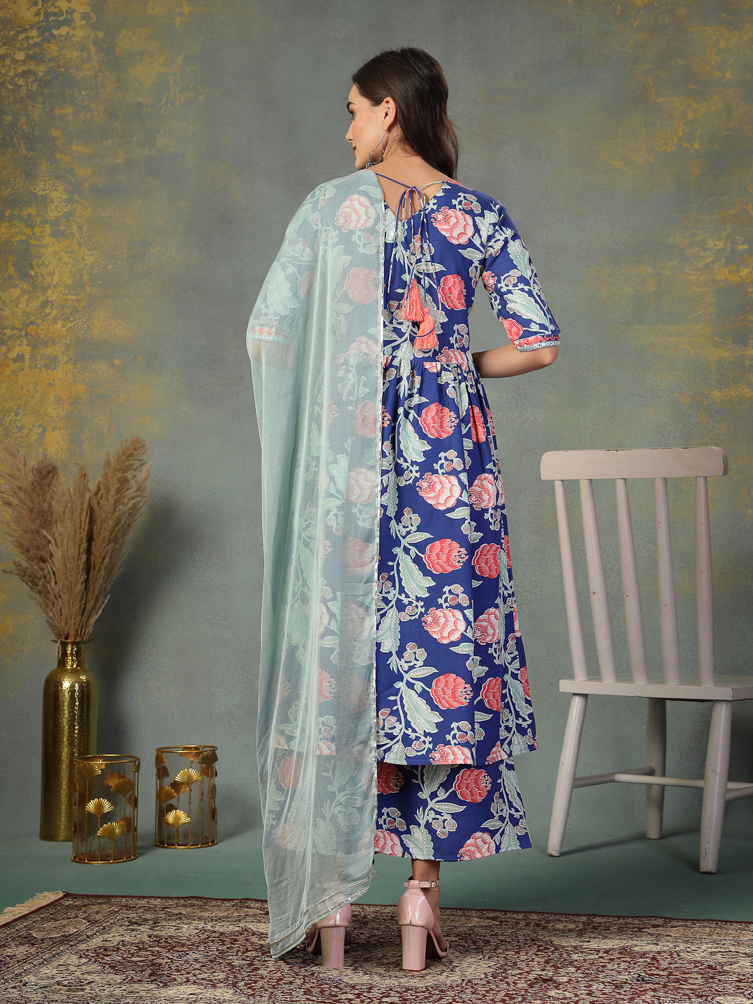 Blue Floral Printed & Embroidered Rayon Alia Cut Kurta Pant Dupatta Set