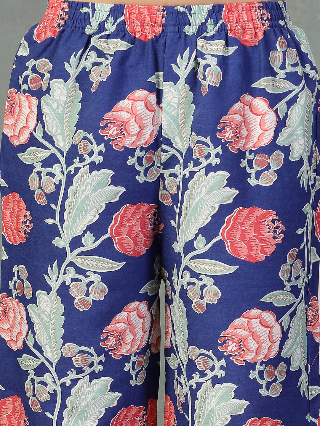 Blue Floral Printed & Embroidered Rayon Alia Cut Kurta Pant Dupatta Set