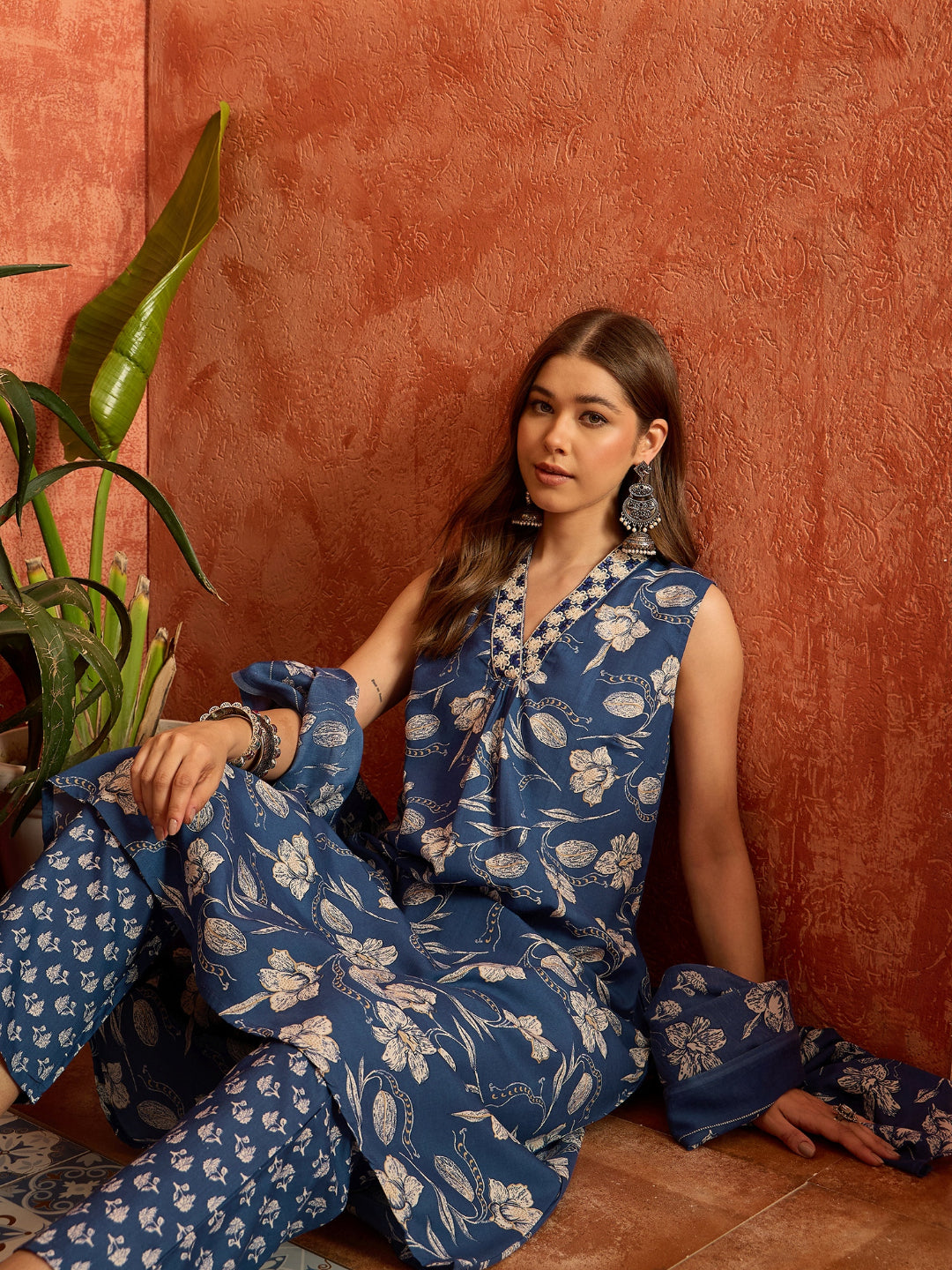Floral Printed Cotton A-Line Kurta Pant Dupatta Set