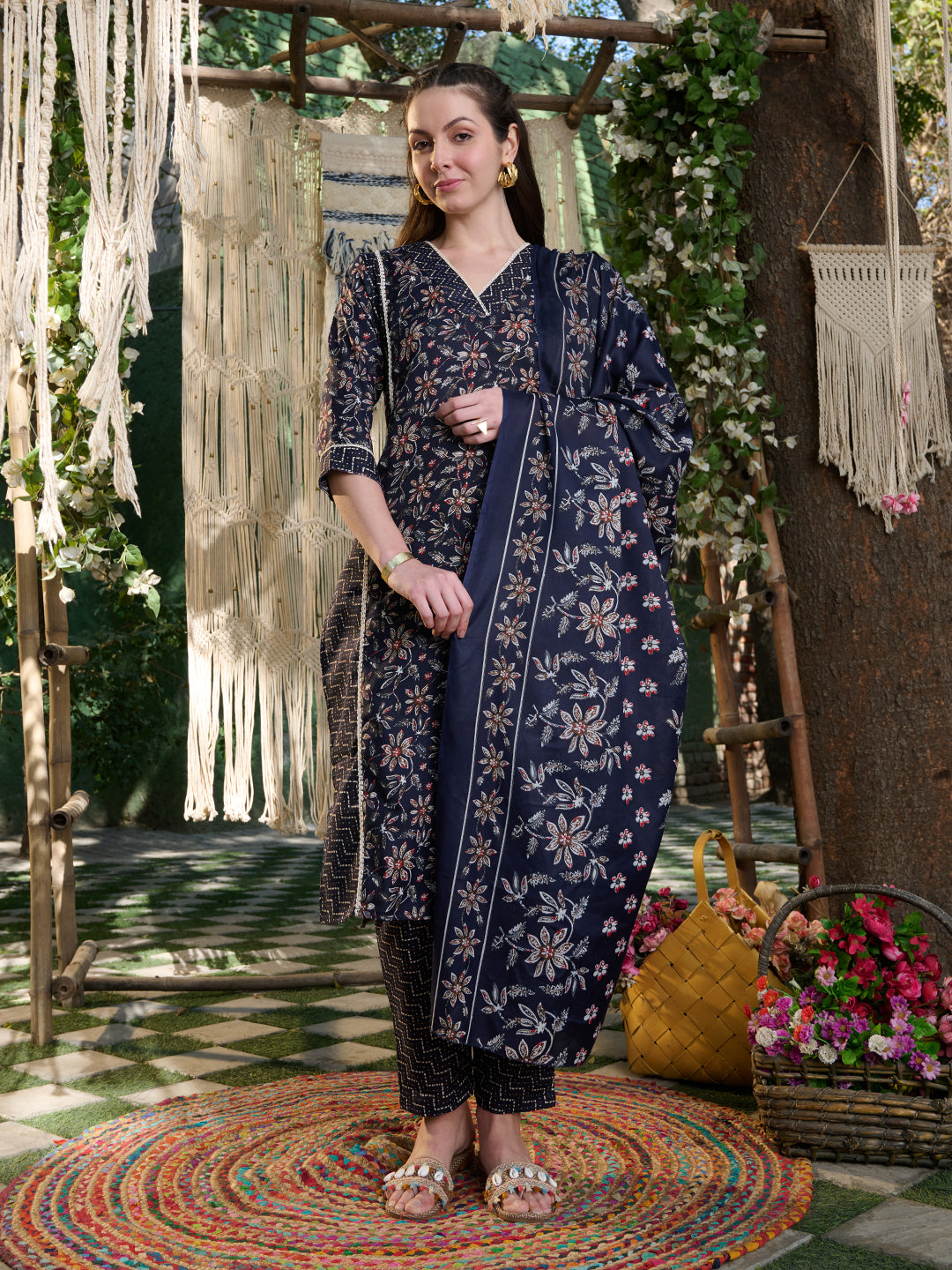 Blue Ethnic Printed Cotton Blend Straight Kurta Pant Dupatta Set