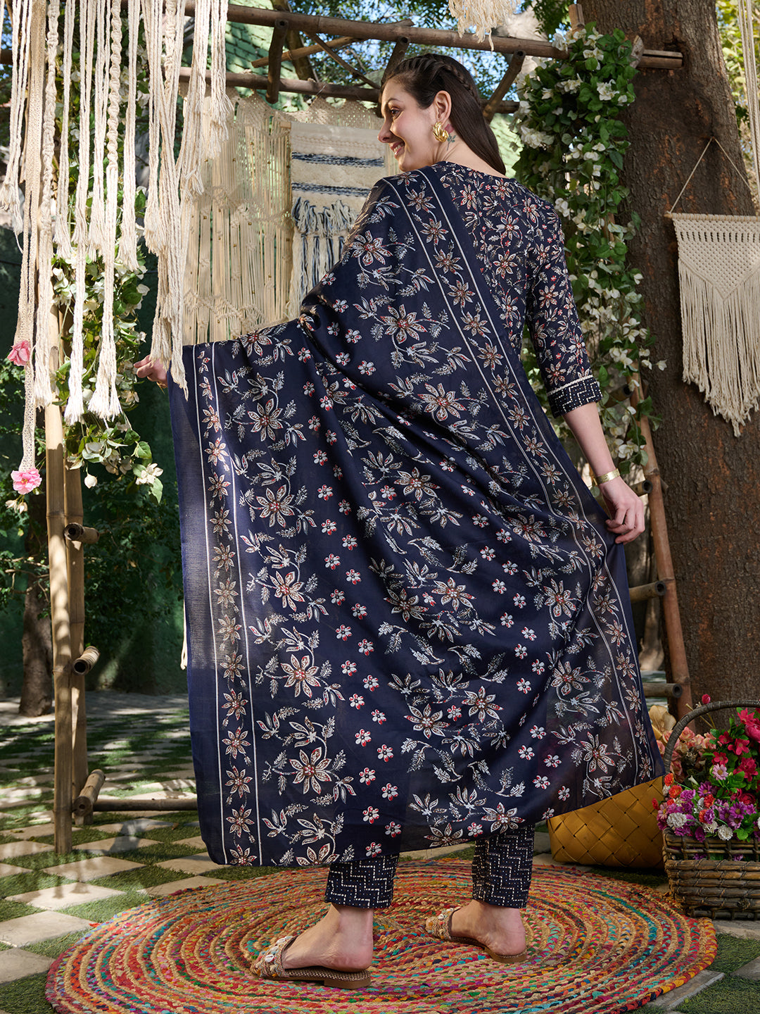 Blue Ethnic Printed Cotton Blend Straight Kurta Pant Dupatta Set