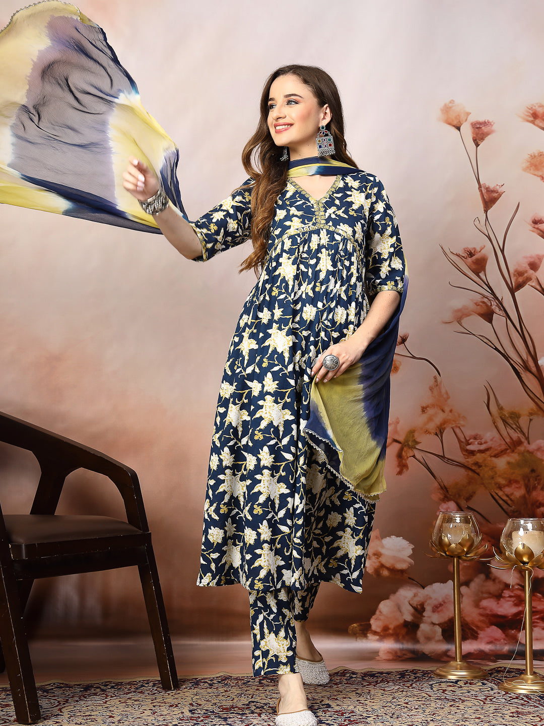 Floral Printed Cotton Pleated Kurta Pant Dupatta Set (Pre-Order)