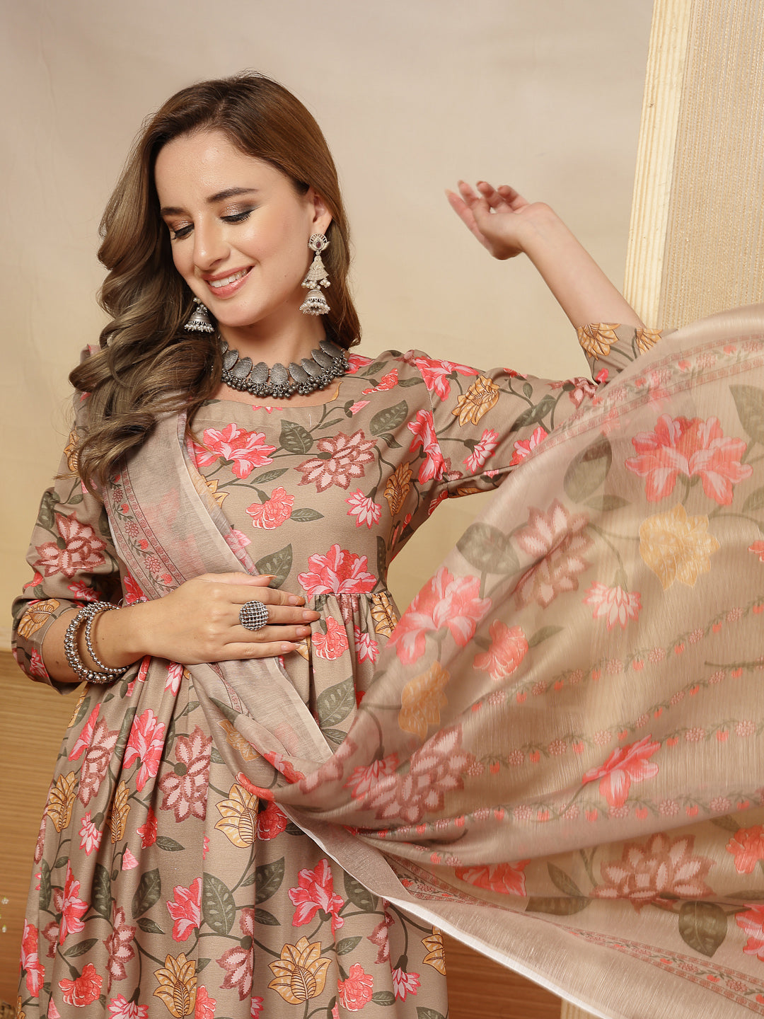 Floral Printed Rayon Anarkali Kurta Pant Dupatta Set