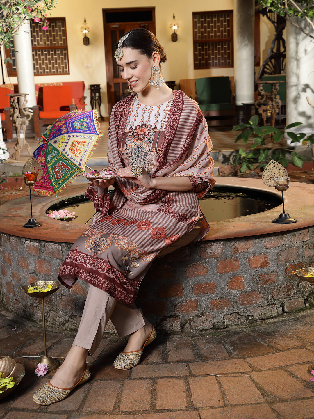 Brown Printed & Embroidered Muslin Straight Kurta Pant Dupatta Set (Pre-Order)