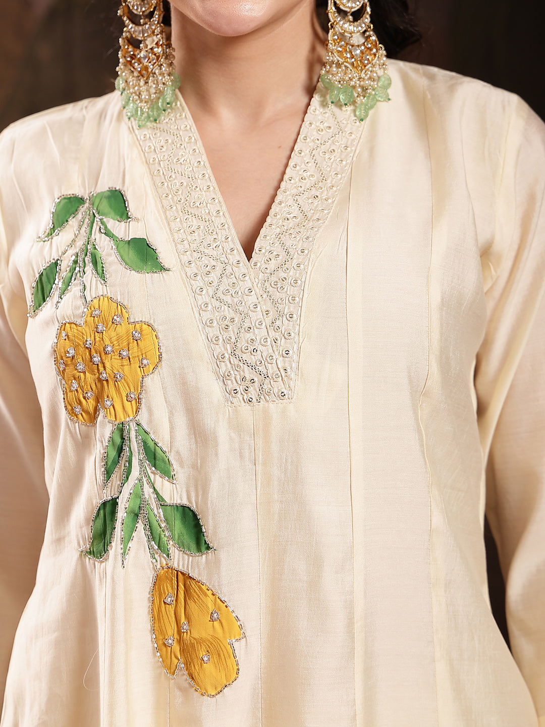 Cream Solid & Embroidered Roman Silk A-Line Kurta Pant Dupatta Set