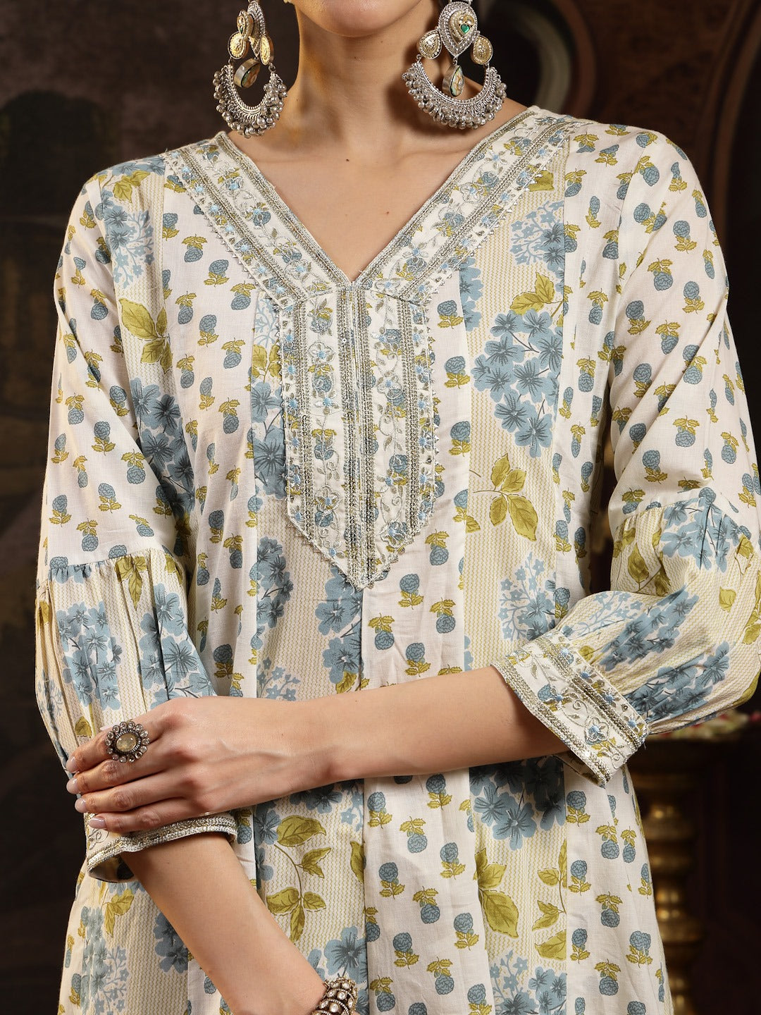 Cream Floral Printed Cotton Flared Kurta Pant Dupatta Set